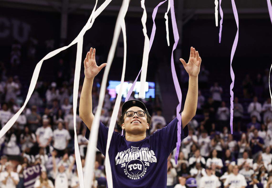 TCU guard Olivia Miles celebrates after the Horned Frogs clinched the Big 12 regulars-eason championship with a victory over Baylor on March 1 at Schollmaier Arena.