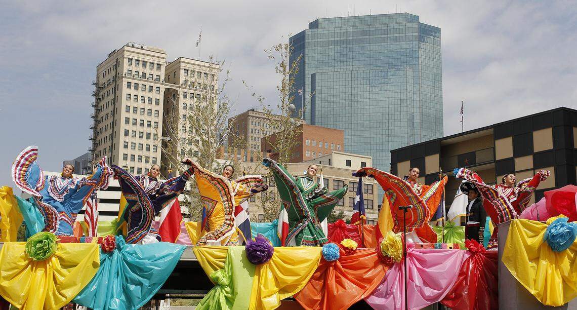 Ballet Folklorico Azteca dancers in downtown Fort Worth during a Hispanic heritage celebration on Sept. 16, 2011.
