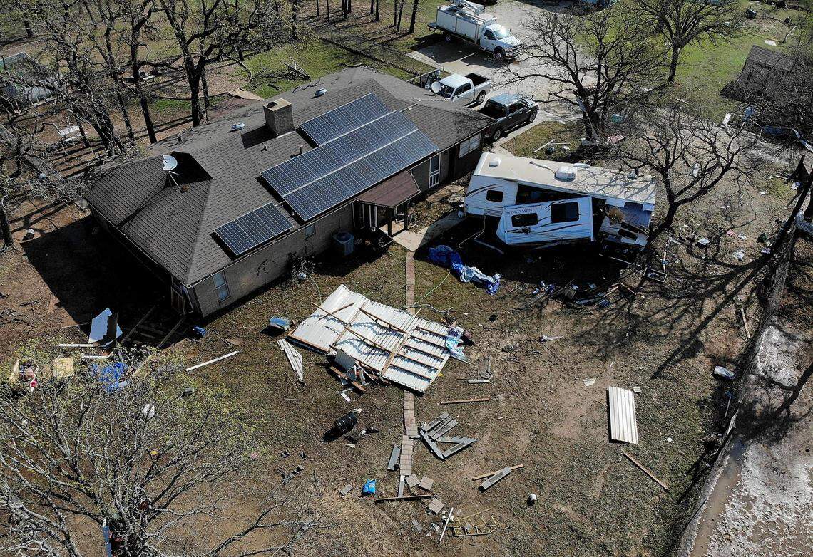 Damage in Johnson County can be seen on after severe storms rolled through Monday evening. A man was hospitalized after a travel trailer flipped by winds while he was trying to evacuate his daughter.