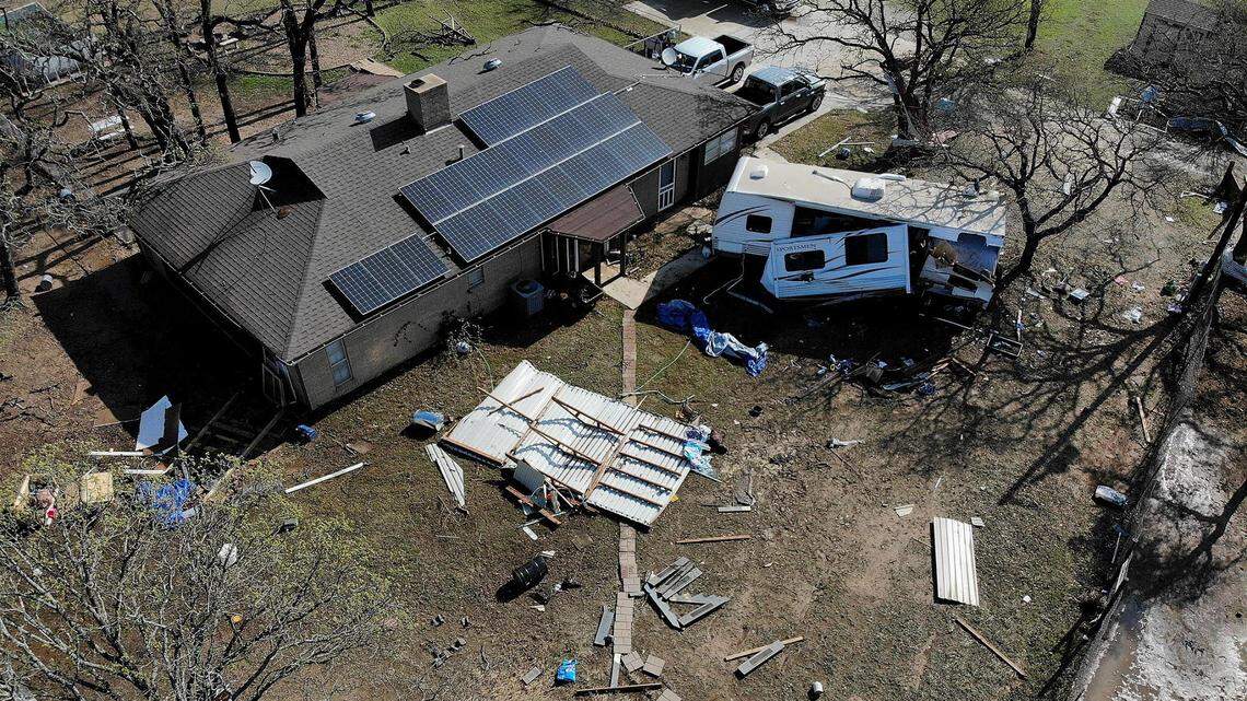 Damage in Johnson County can be seen on Tuesday, April 5, 2022, after severe storms rolled through Monday evening. A man was hospitalized after a travel trailer flipped, injuring him while he was trying to evacuate his daughter.