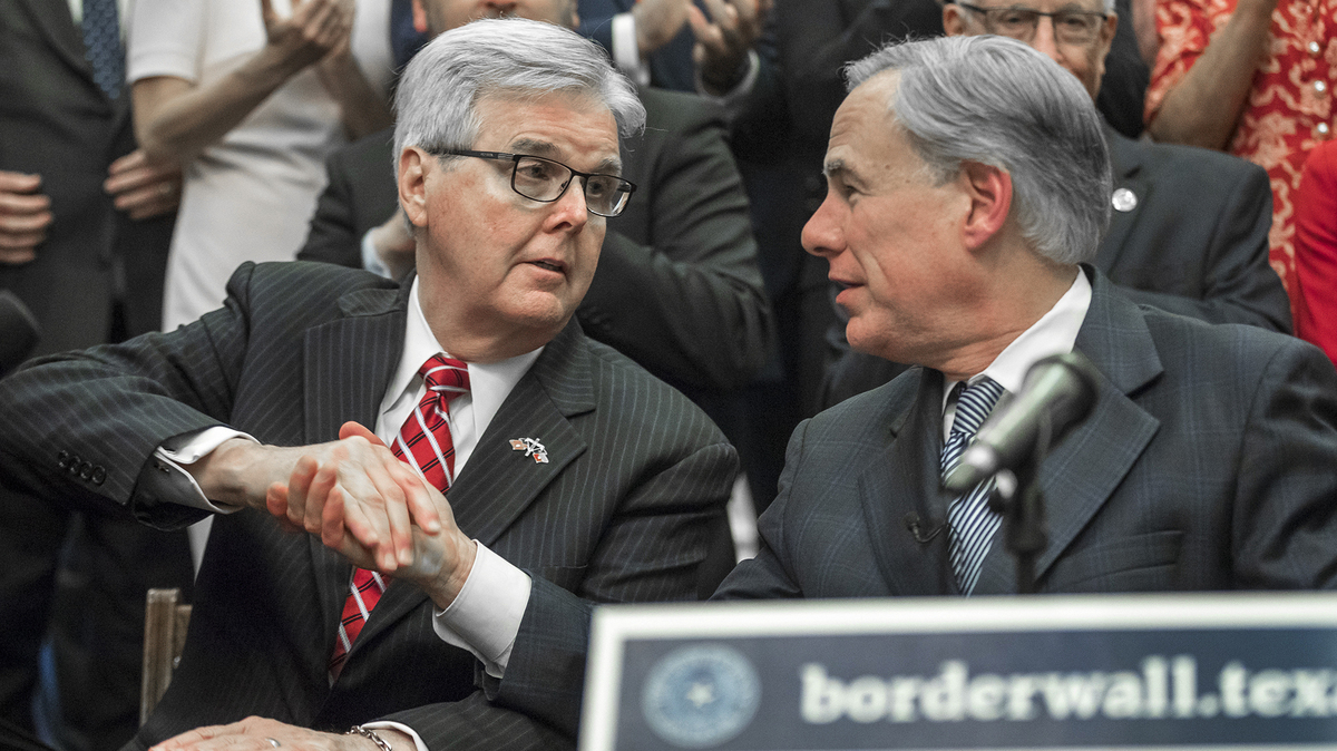 Lt. Gov. Dan Patrick, left, and Gov. Greg Abbott, shown in 2021, are openly bickering about property taxes. (Ricardo B. Brazziell/Austin American-Statesman)