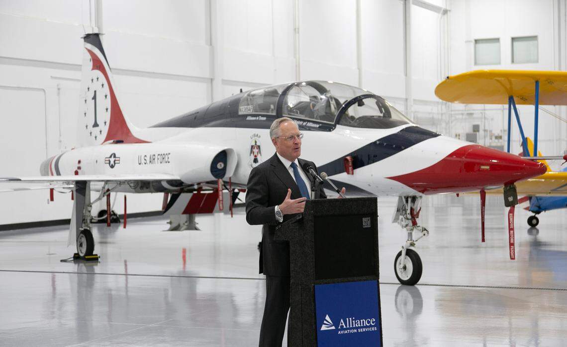 Ross Perot Jr. spoke at Perot Field Fort Worth Alliance Airport on Feb. 7, 2023 for the ribbon cutting of the airport’s fixed base operation facility