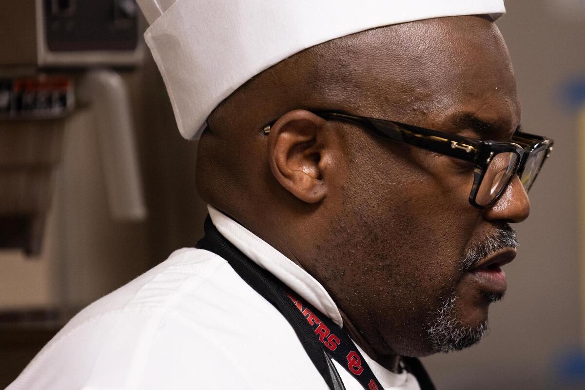 Chef David Roberson watches his students finish the practice session at the practice kitchen in Ben Barber Innovation Academy in Mansfield on Friday, April 18, 2025.