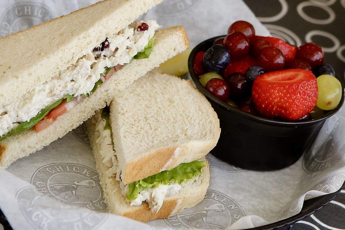A cranberry-almond chicken salad sandwich at the Chicken Salad Chick on Tehama Ridge Parkway in Fort Worth, seen July 28, 2016.