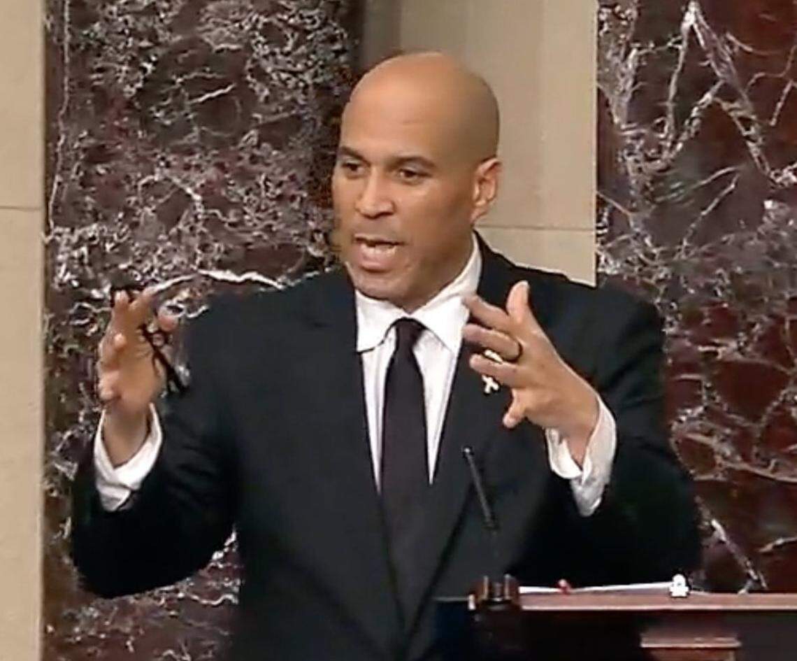 In this image from United States Senate television, United States Senator Cory Booker, D-New Jersey, speaks during a marathon address from the floor in the U.S. Senate in the U.S. Capitol in Washington, D.C. on Tuesday, April 1, 2025.