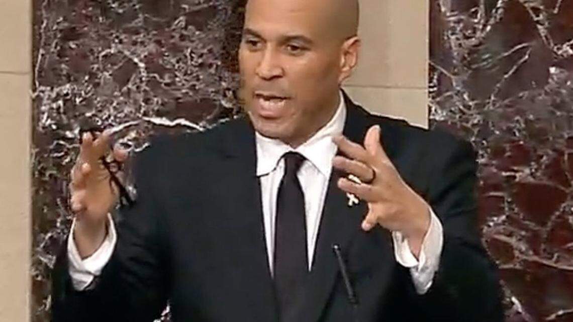 In this image from United States Senate television, United States Senator Cory Booker (Democrat of New Jersey) speaks during a marathon address from the floor in the US Senate in the US Capitol in Washington, DC on Tuesday, April 1, 2025. Mandatory Credit: US Senate TV via CNP/Sipa USA