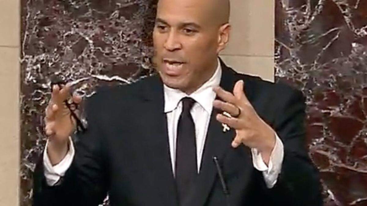 In this image from United States Senate television, United States Senator Cory Booker, D-New Jersey, speaks during a marathon address from the floor in the U.S. Senate.