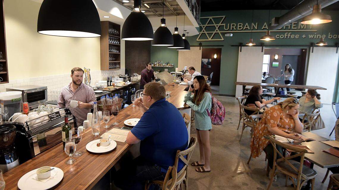 Urban Alchemy Coffee and Wine Bar in downtown Arlington, about a mile and a half from AT&T Stadium