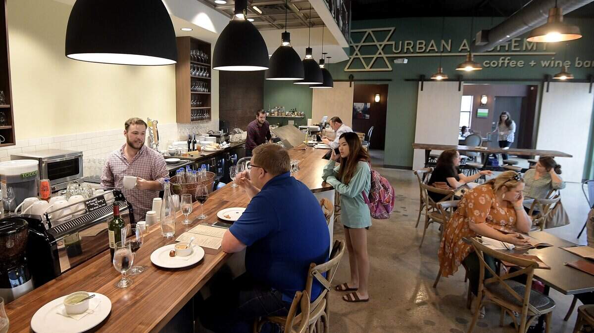 Urban Alchemy Coffee and Wine Bar in downtown Arlington, about a mile and a half from AT&T Stadium