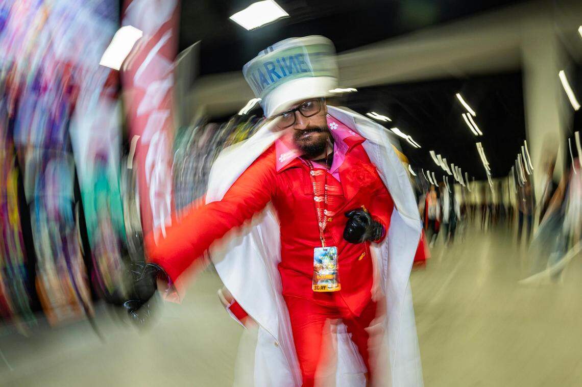 Joel Thomas, who is dressed as Akainu from “One Piece,” is photographed in his cosplay for the Anime Frontier event at the Fort Worth Convention Center on Friday, Dec. 8, 2023.