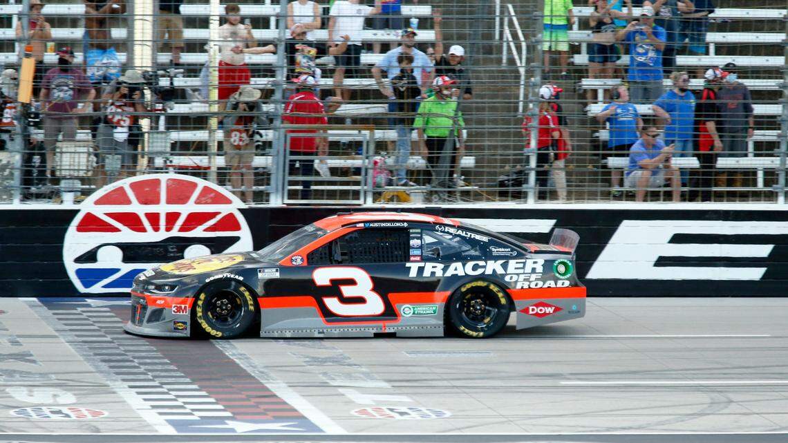 Austin Dillon crosses the finish line to win the NASCAR Cup Series auto race at Texas Motor Speedway in Fort Worth, Texas, Sunday, July 19, 2020.