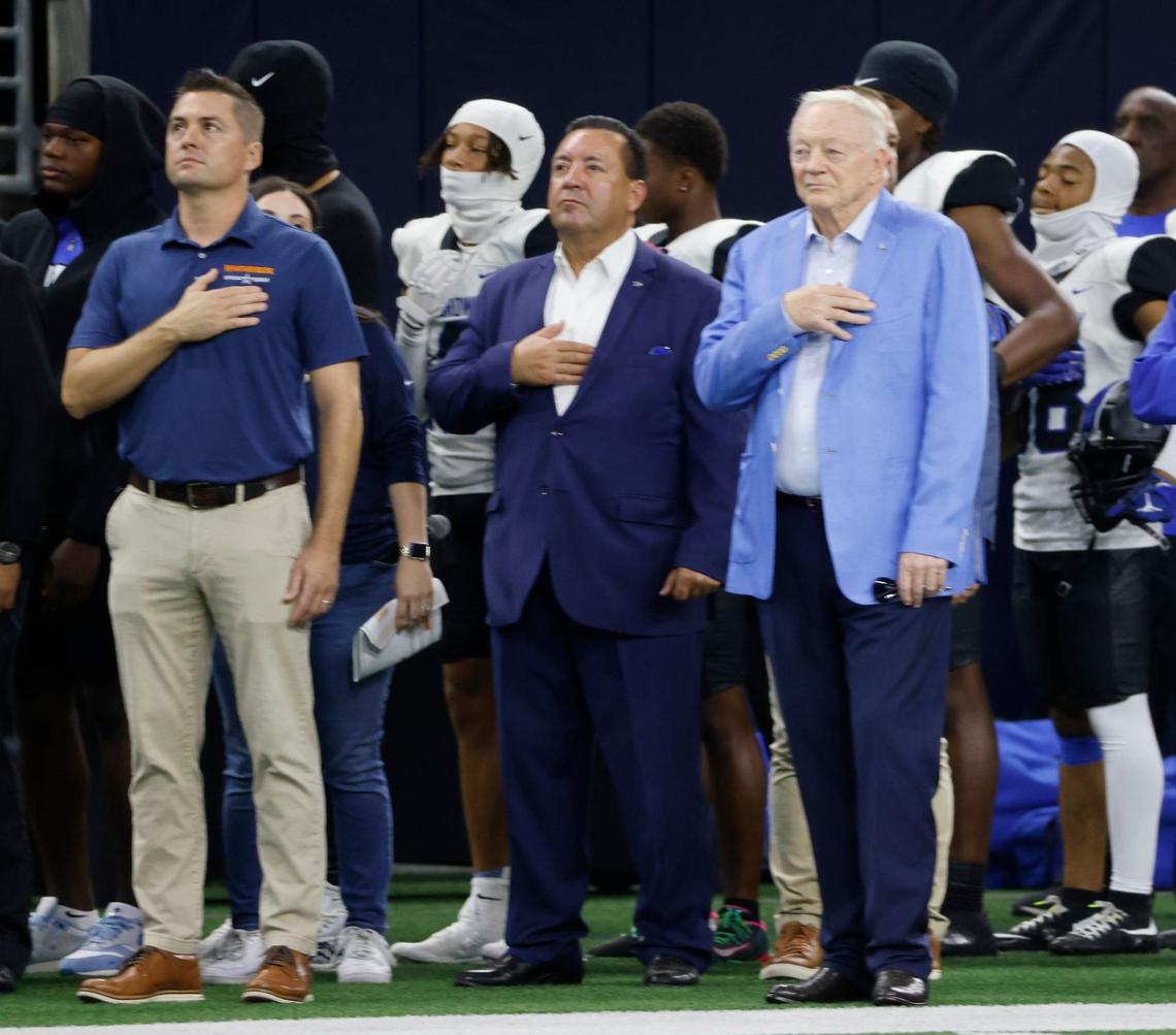 Dallas Cowboys owner Jerry Jones stands on the sidelines during the National Anthem before a UIL football game at The Star in Frisco Texas, Saturday, Oct. 31, 2024.