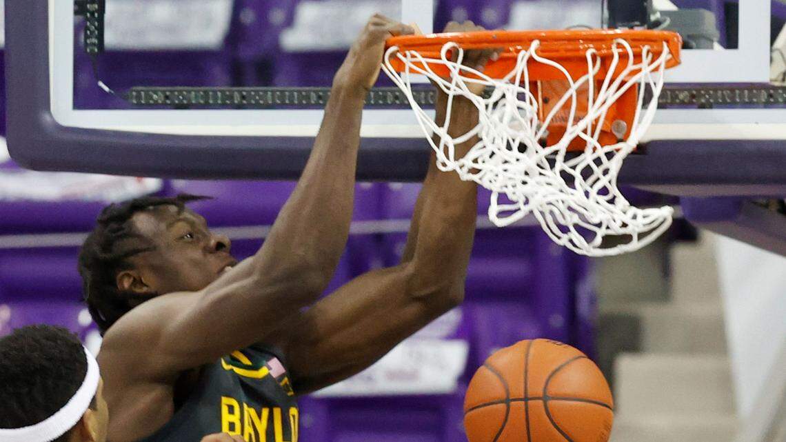 Baylor’s Jonathan Tchamwa Tchatchoua dunks in the first half against TCU during Saturday’s game at Schollmaier Arena (Jan. 9, 2021).