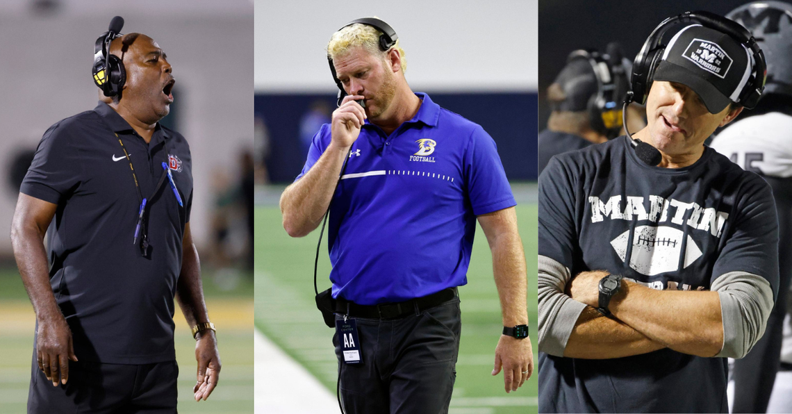 Pictured are Duncanville coach Reginald Samples (left), Brock coach Billy Mathis (middle) and Arlington Martin coach Chad Reeves. 