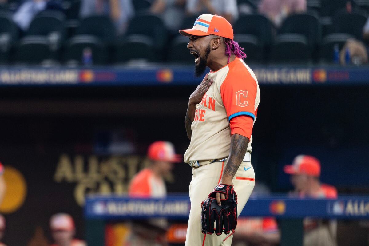 Cleveland Guardians closing pitcher Emmanuel Clasé celebrates after picking up the save to secure the American League with the win 5-3 for the 2024 MLB All Star Game at Globe Life Field in Arlington on Tuesday July 16, 2024.