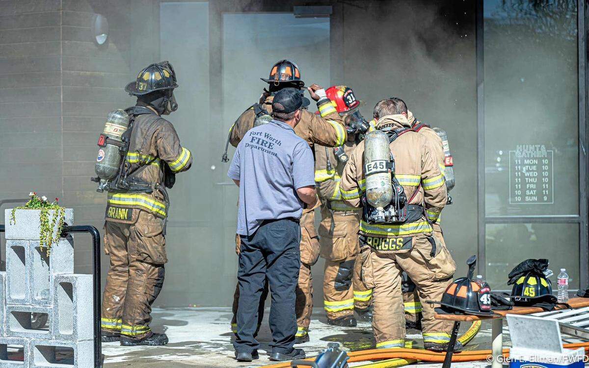 Fort Worth firefighters worked to put out a two-alarm fire Friday afternoon, Nov. 15, 2024, at the new location of HG Sply restaurant at Alliance Town Center.​