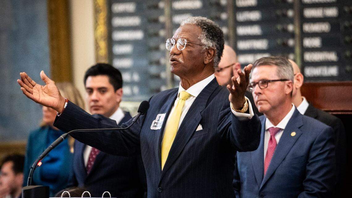 Texas Rep. Harold V. Dutton Jr., D-Houston, proposes an amendment to Senate Bill 2, the private school voucher program, as the Texas House of Representatives debates the bill on April 16.