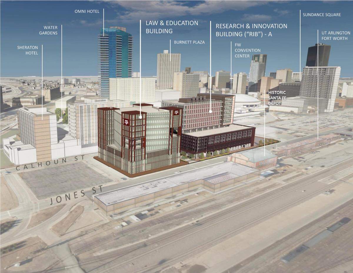 A new rendering released Aug. 1, 2024, depicts the first two buildings of the Texas A&M Fort Worth campus with other downtown landmarks. Texas A&M will soon begin designing the second building.