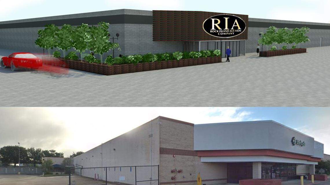 A rendering shows the new Rock Island Auction Company in Bedford on the location of an old Walmart store.