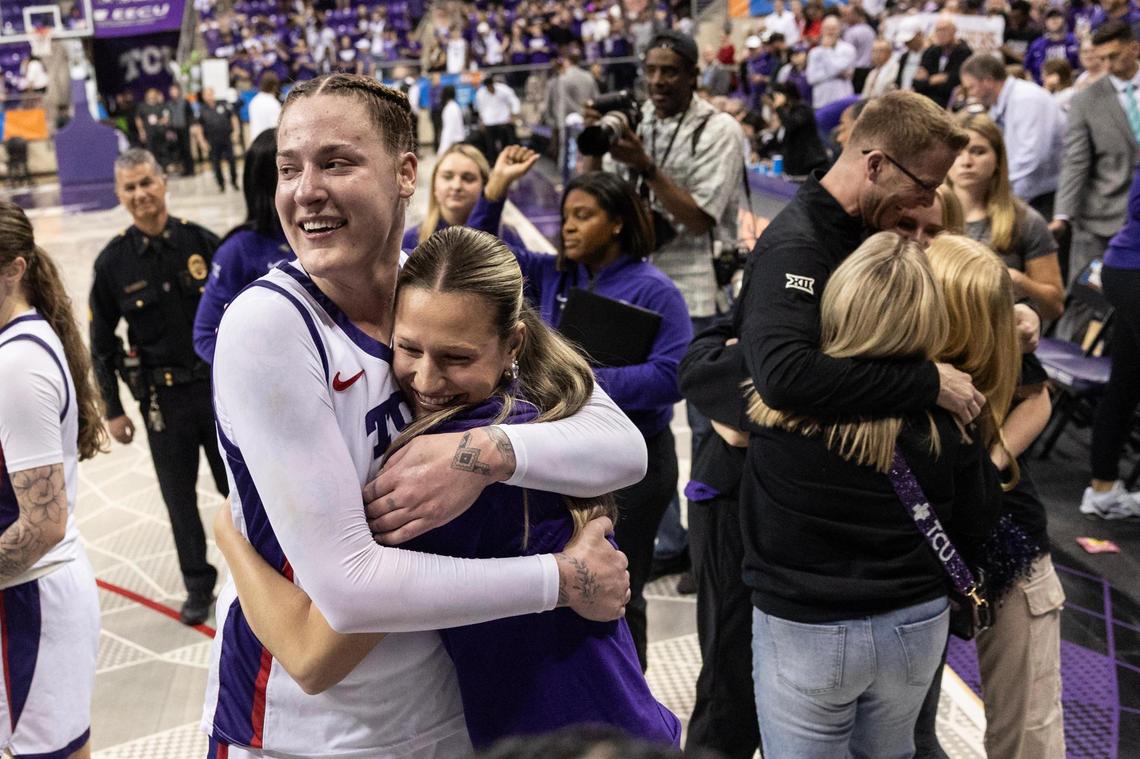 TCU center Sedona Prince (13) hugs guard Maddie Scherr after defeating Louisville in the second round of the Women’s NCAA Championships Tournament at Schollmaier Arena in Fort Worth on Sunday, March 23, 2025.