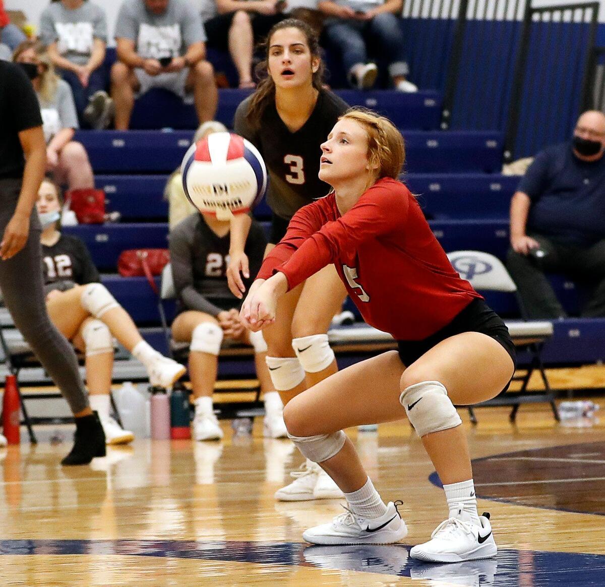 Pantego Christian’s Carlie Harder sets the ball during a high school volleyball game at Grace Prep Academy in Arlington, Texas, Tuesday, Oct. 06, 2020. Grace Prep defeated Pantego Christian in four sets 25-19, 21-25, 17-25 and 14-25. (Special to the Star-Telegram Bob Booth)
