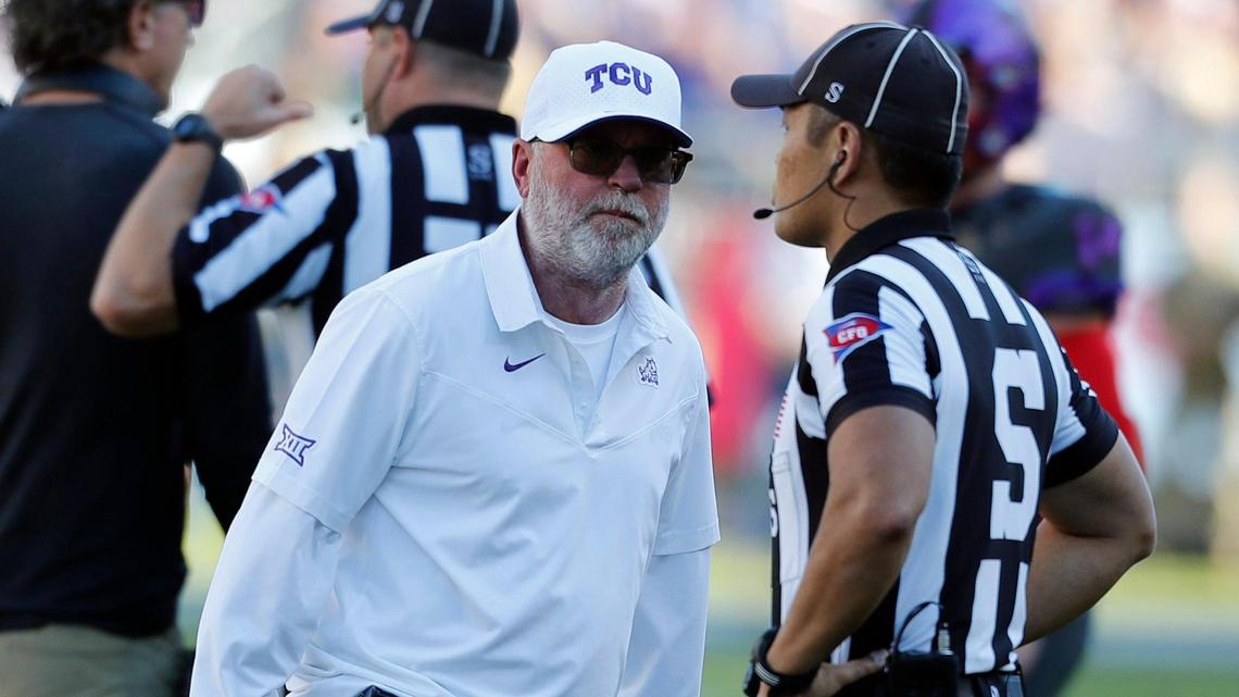 TCU interim head coach Jerry Kill, speaking to the officials Nov. 6 against Baylor, has great respect for first-year Kansas coach Lance Leipold and says they’re “coached better” this year. The teams meet at 3 p.m. Saturday in Fort Worth.