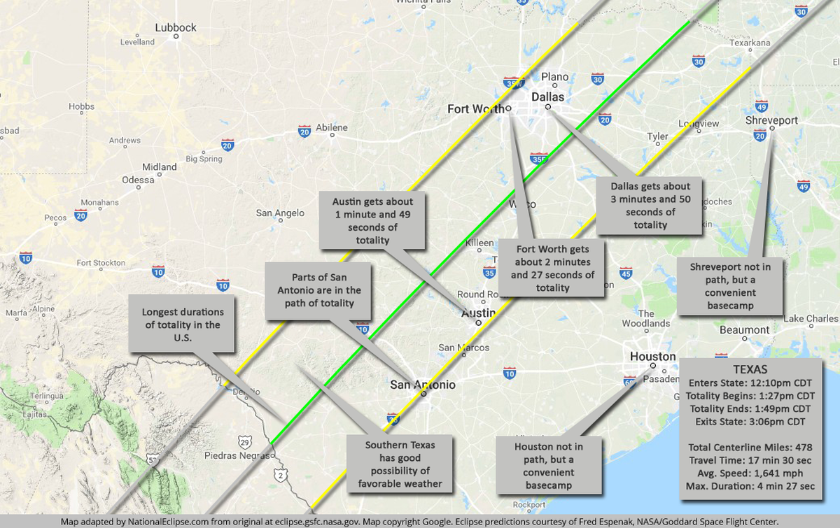 Totality of eclipse path in Texas