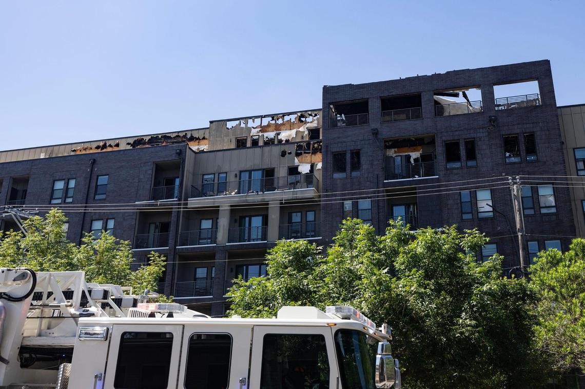 The fire-damaged portion of The Cooper apartments in Near Southside Fort Worth on June 24.