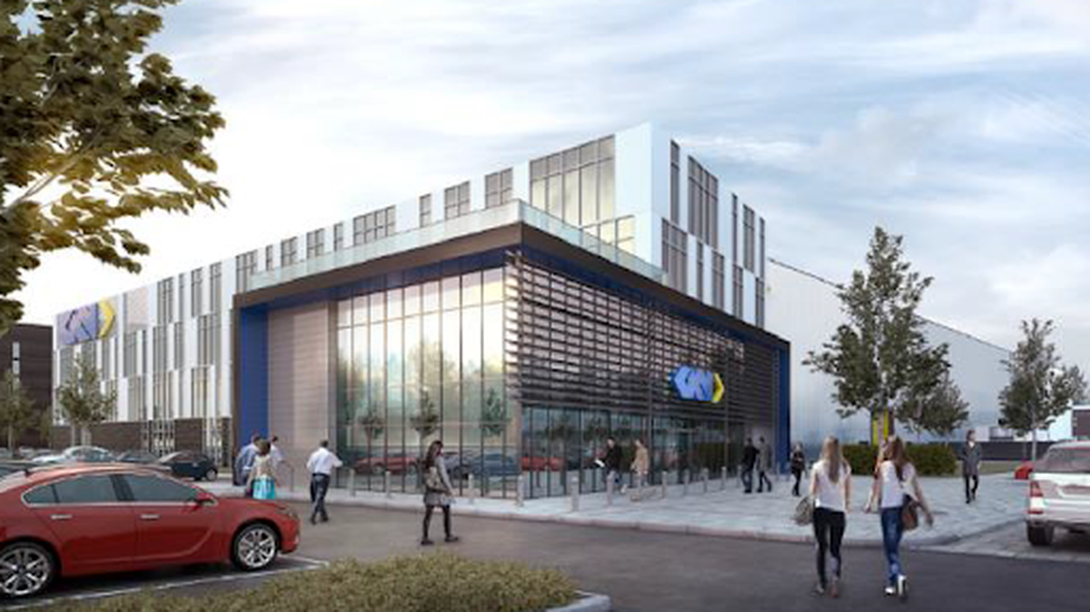 A mock up of a tech company campus with a glass building at the center and people walking across a courtyard to go inside. 