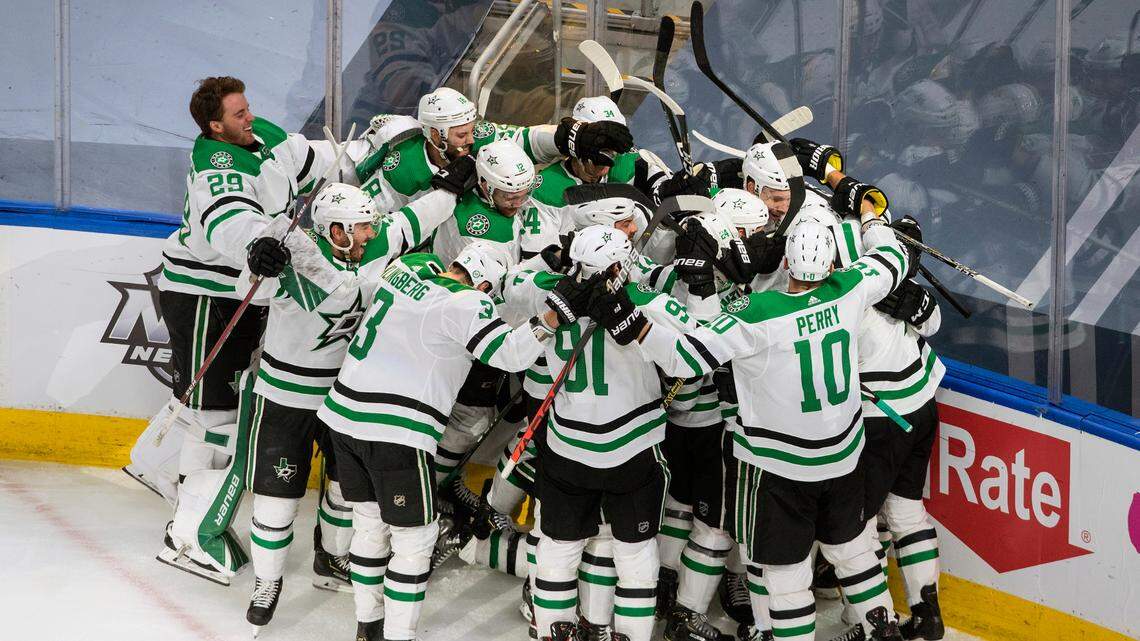 Dallas Stars celebrate their overtime win over the Colorado Avalanche during overtime in Game 7 of their Western Conference semifinals Friday night. The Stars will open the conference finals against the Vegas Knights on Sunday night.