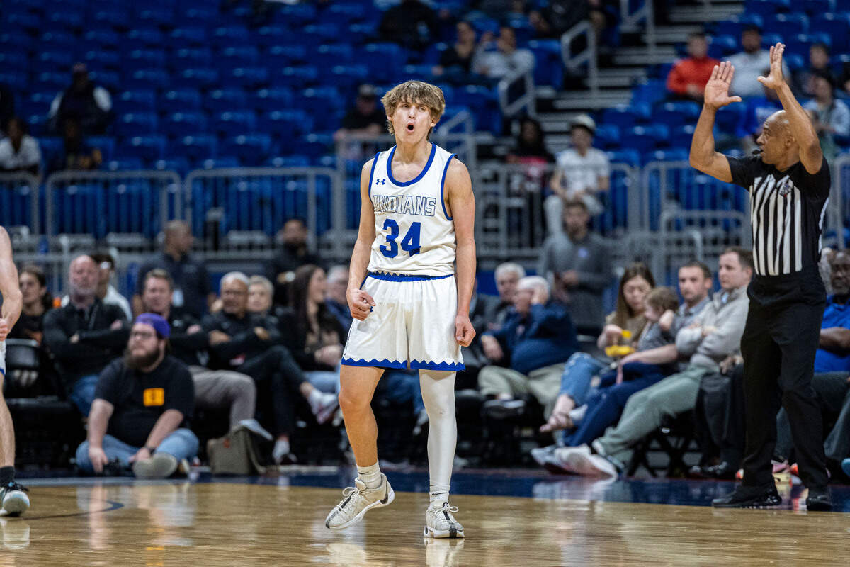 Lipan freshman and Championship Game MVP Court Gaylor reacts after hitting one of his 5 threes against Shelbyville in the Class 2A state championship game on Saturday, March 9, 2024 at the Alamodome in San Antonio, Texas. Gaylor finished with 23 points as Lipan defeated Shelbyville 47-36.