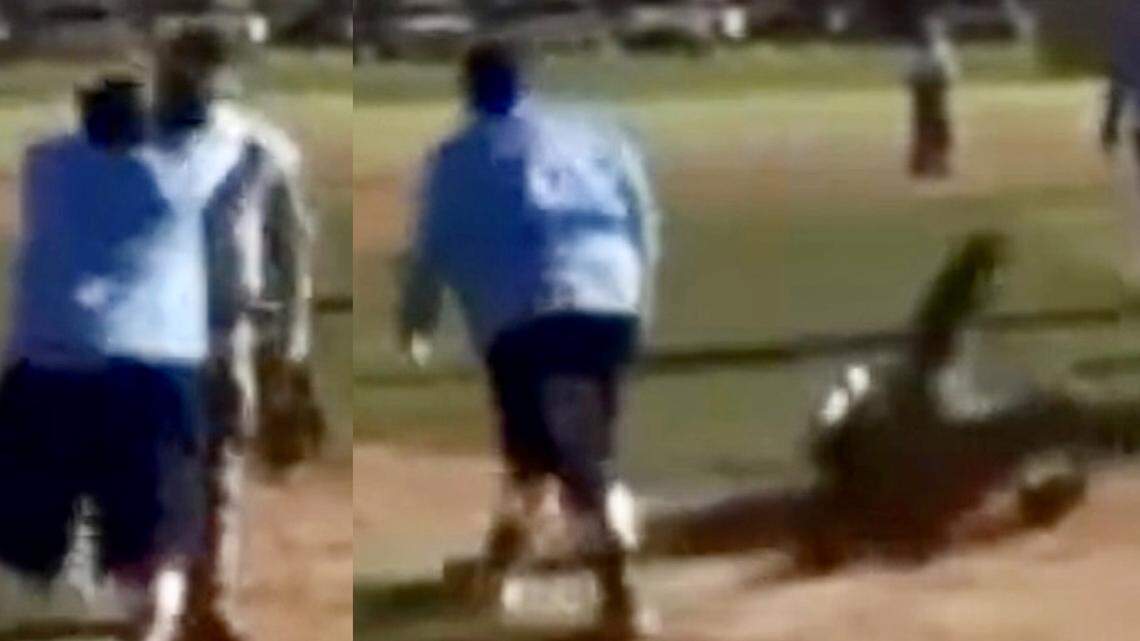 An Abilene youth baseball coach identifed by KTAB/KRBC/Telemundo as Robbie Johnson, left, is accused of shoving umpire Sam Phelps during an April 9 youth game at The Colony Five Star Complex.