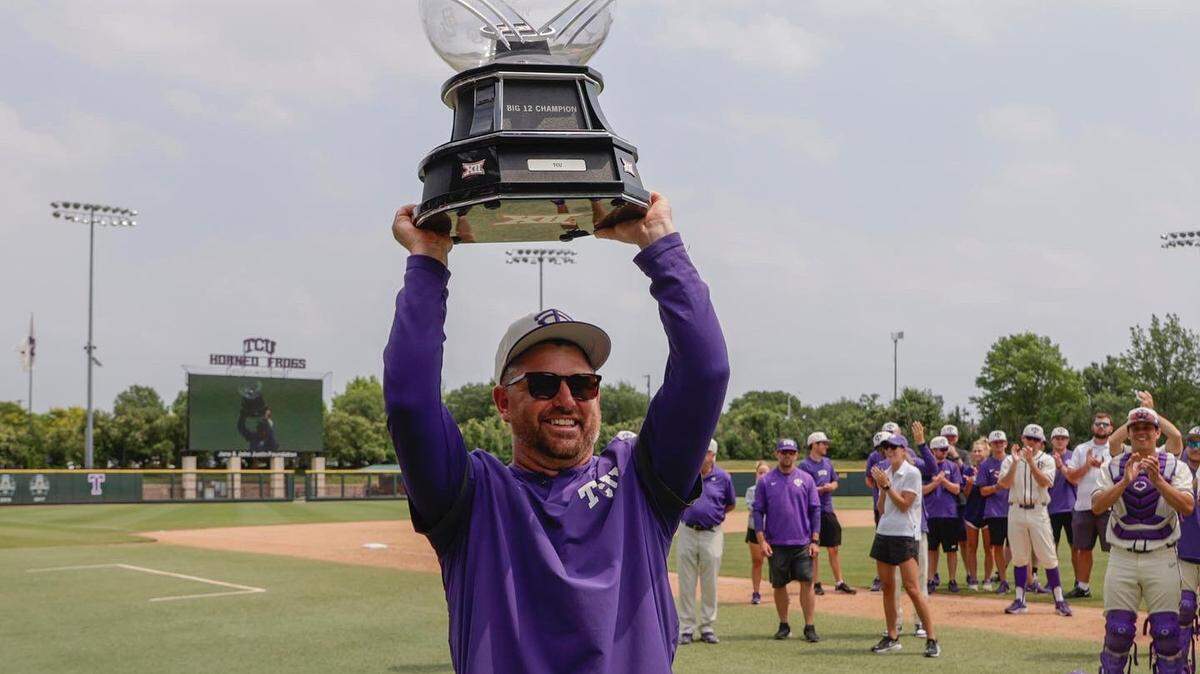 TCU coach Kirk Saarloos, who won the Big 12 regular-season championship in his first season at the helm, was named the conference’s coach of the year on Tuesday. He was suspended two games by the NCAA after an ejection during Thursday’s loss to Texas in the Big 12 tournament.