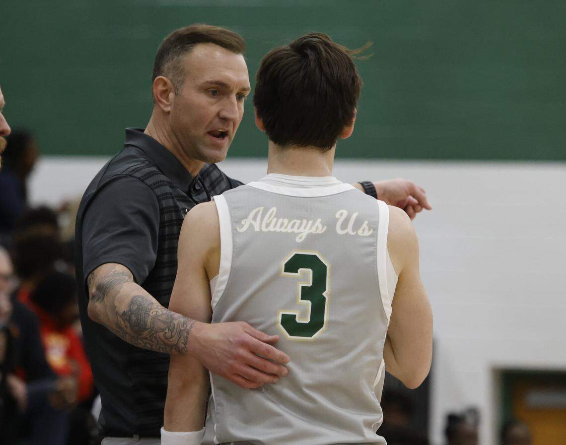 Birdville head coach Anthony Holman sends in guard Brandon Lohmann (3) against Denton Ryan during the first half of a UIL basketball game at Birdville High School in North Richland Hills, Texas, Tuesday Feb. 17, 2026.