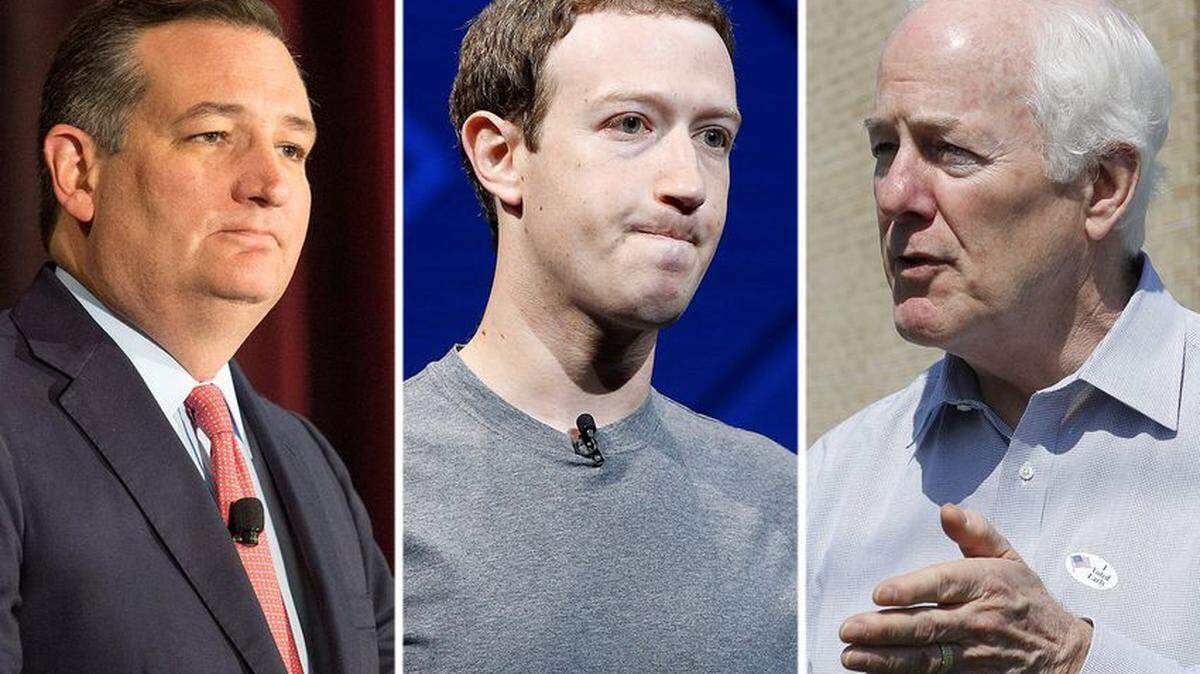 U.S. Sen. Ted Cruz, Facebook CEO Mark Zuckerberg and U.S. Sen. John Cornyn..