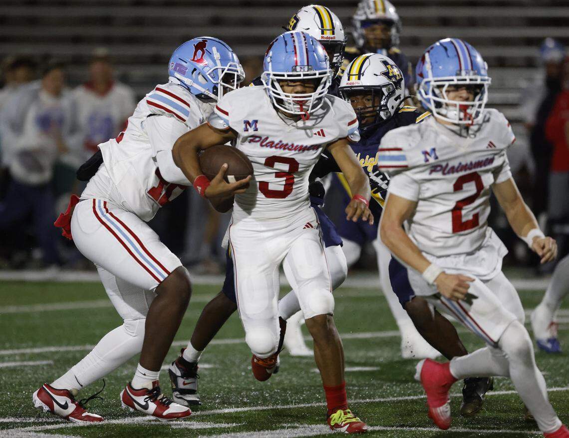Lubbock Monterey wide receiver Cam Taylor (3) goes down field for a touchdown during the first half of a UIL Class 5A DI area-round football playoff game Thursday Nov. 20, 2025 at Shotwell Stadium in Abilene, Texas.