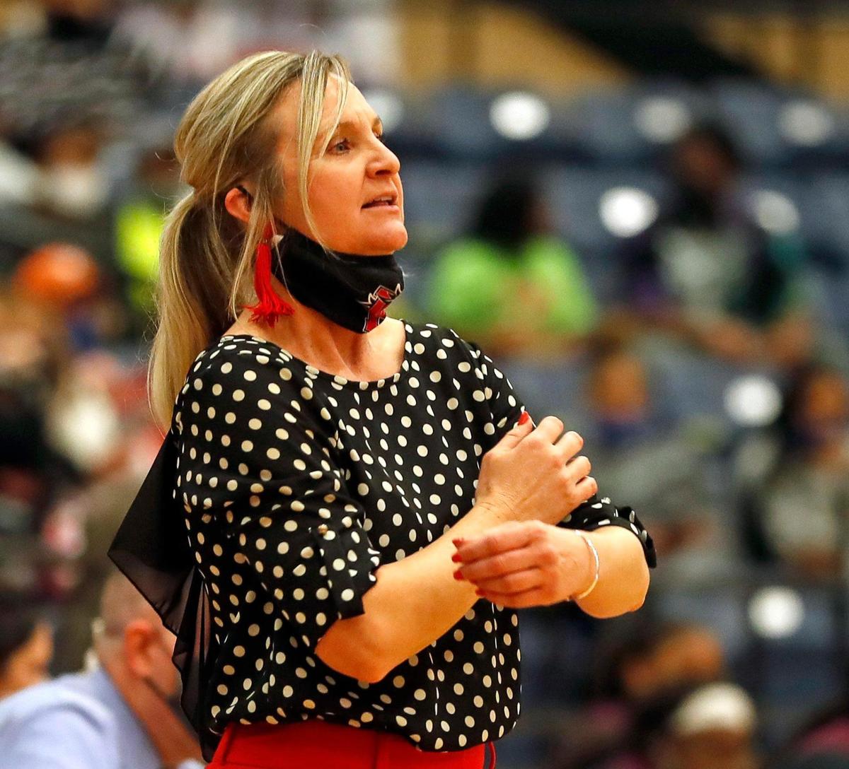Legacy head coach Michelle Morris gestures late in the second half of a 8-5A district high school girls basketball game at Legacy High School in Mansfield, Texas, Friday, Jan. 22, 2021. Legacy defeated Timberview 46-21. (Special to the Star-Telegram Bob Booth)