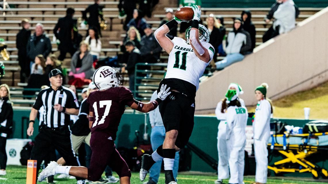 Southlake Carroll’s Blake Smith (11) catches the ball for a touchdown against Midland Lee during the second quarter of a high school football playoff game at P.E. Shotwell Stadium in Abilene, Texas, Nov. 30, 2019.