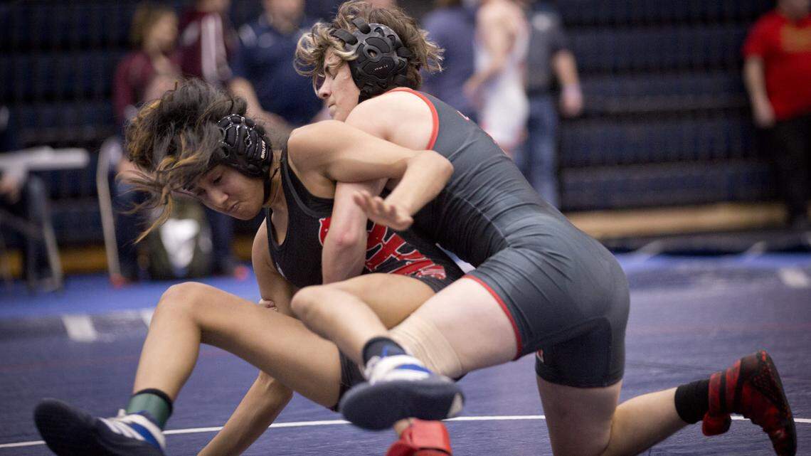 Transgender wrestler Mack Beggs from Euless Trinity captured his second straight girls Class 6A Region II title in the 110-pound weight class, defeating Coppell High School junior Khushi Khandelwal by pinfall in five minutes and 56 seconds, at Allen High School.