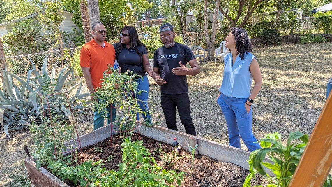 Four people standing in a garden.