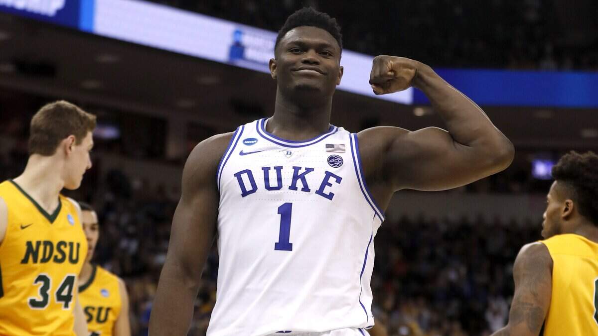 Duke’s Zion Williamson (1) celebrates after making the basket while being fouled during the second half of Duke’s 85-62 victory over North Dakota State in the first round of the NCAA Men’s Basketball Championship in Columbia, S.C., Friday, March 22, 2019.