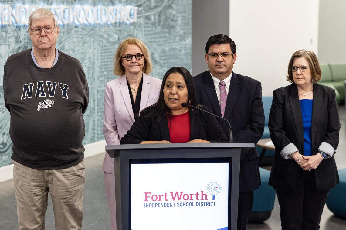 Fort Worth ISD School Board President Roxanne Martinez speaks on Thursday, Oct. 23, after Texas Education Commissioner Mike Morath announced a state takeover of the district that will mean temporarily replacing the elected trustees with an appointed board of managers. Behind Martinez are Fort Worth ISD Board Trustees Michael Ryan, Tobi Jackson, Anael Luebanos and Anne Darr.