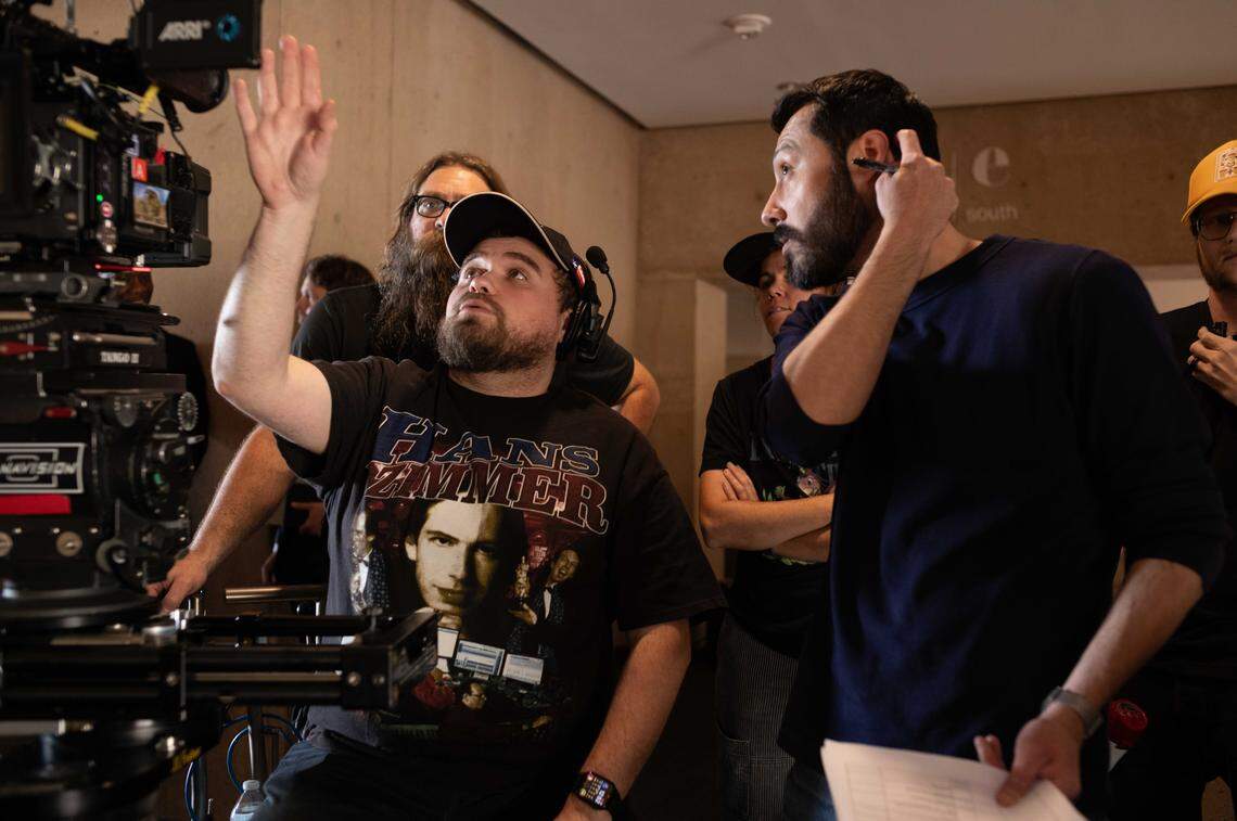 Director Merced Elizondo (right) on the set of “And Then Everything Turned Itself Inside Out.”