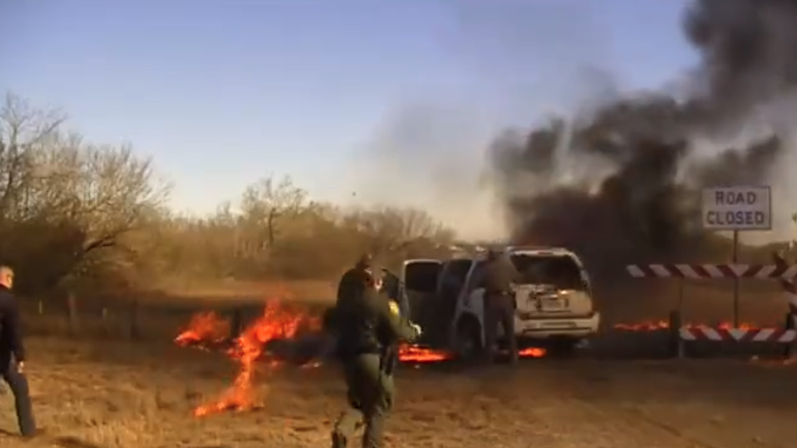A migrant trapped inside a duffel bag was rescued from a burning SUV last month in Texas near the Mexico border.