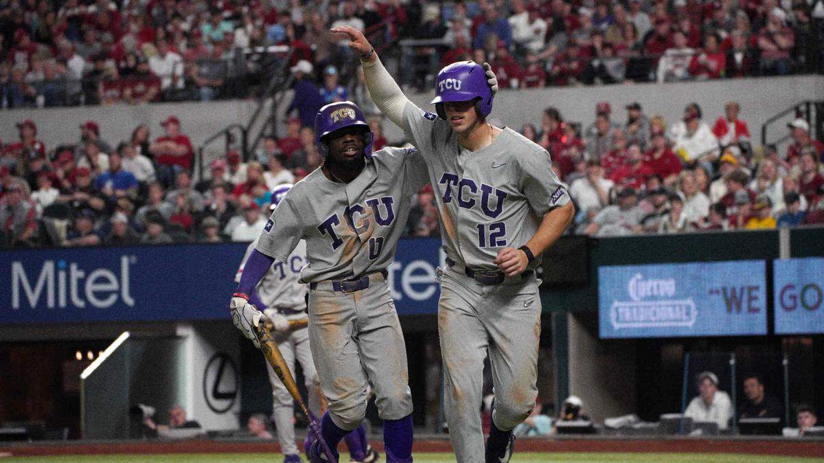 TCU Horned Frogs and Arkansas Razorbacks during the College Baseball Showdown at Globe Life Field. The two teams could have a rematch as TCU is in the Fayetteville Regional of the NCAA Tournament.