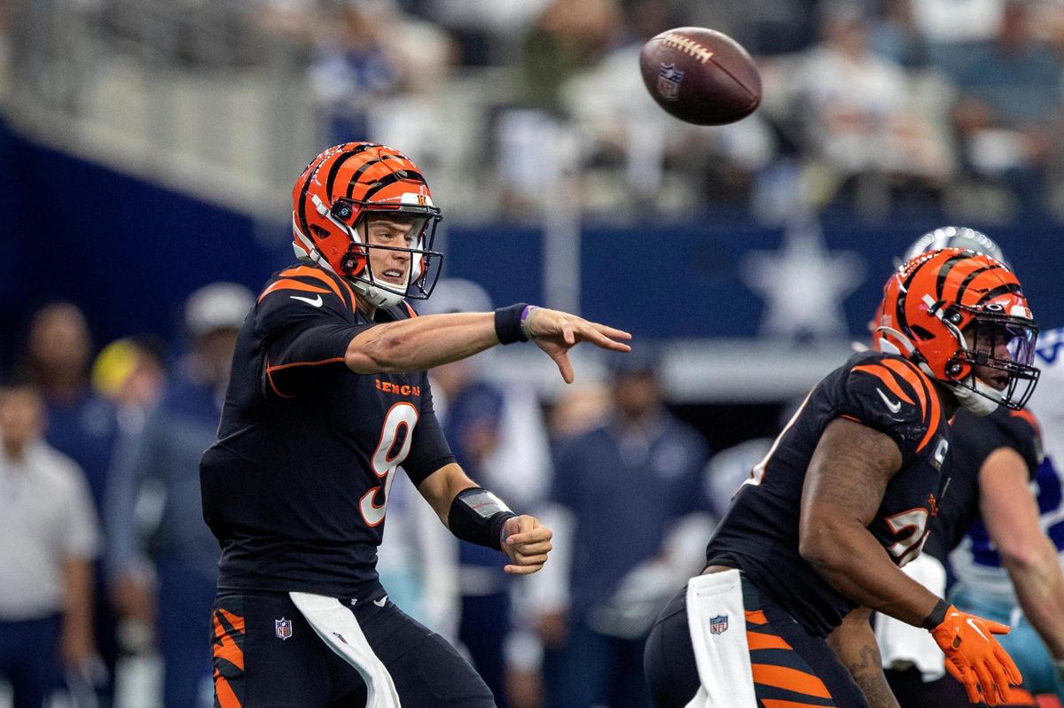 Cincinnati Bengals quarterback Joe Burrow throws the ball during the second half of their game against the Dallas Cowboys on Sunday, Sept. 18, 2022, at the AT&T Stadium in Arlington, Texas.