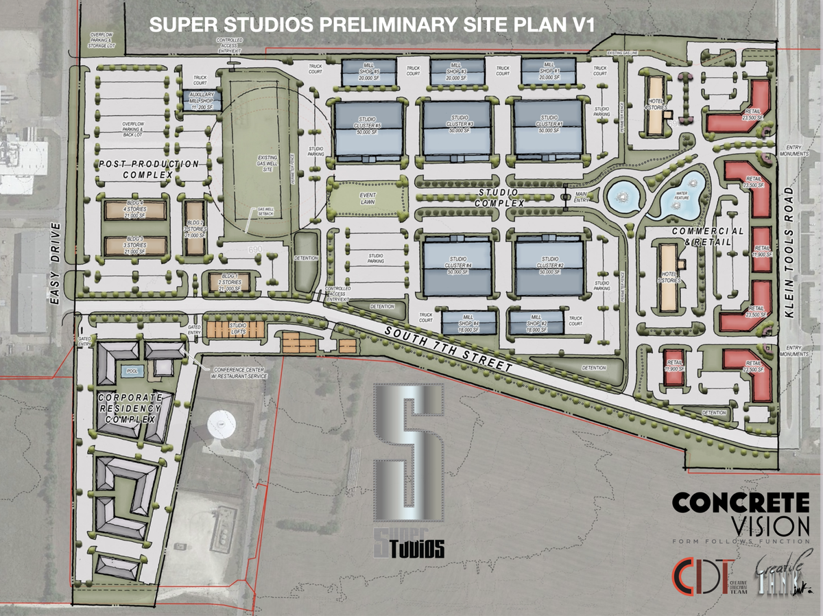 Plans for Super Studios Mansfield include sound stages, production offices, restaurants, coffee shops, bars, retail, hotels, apartments and even a trade school.