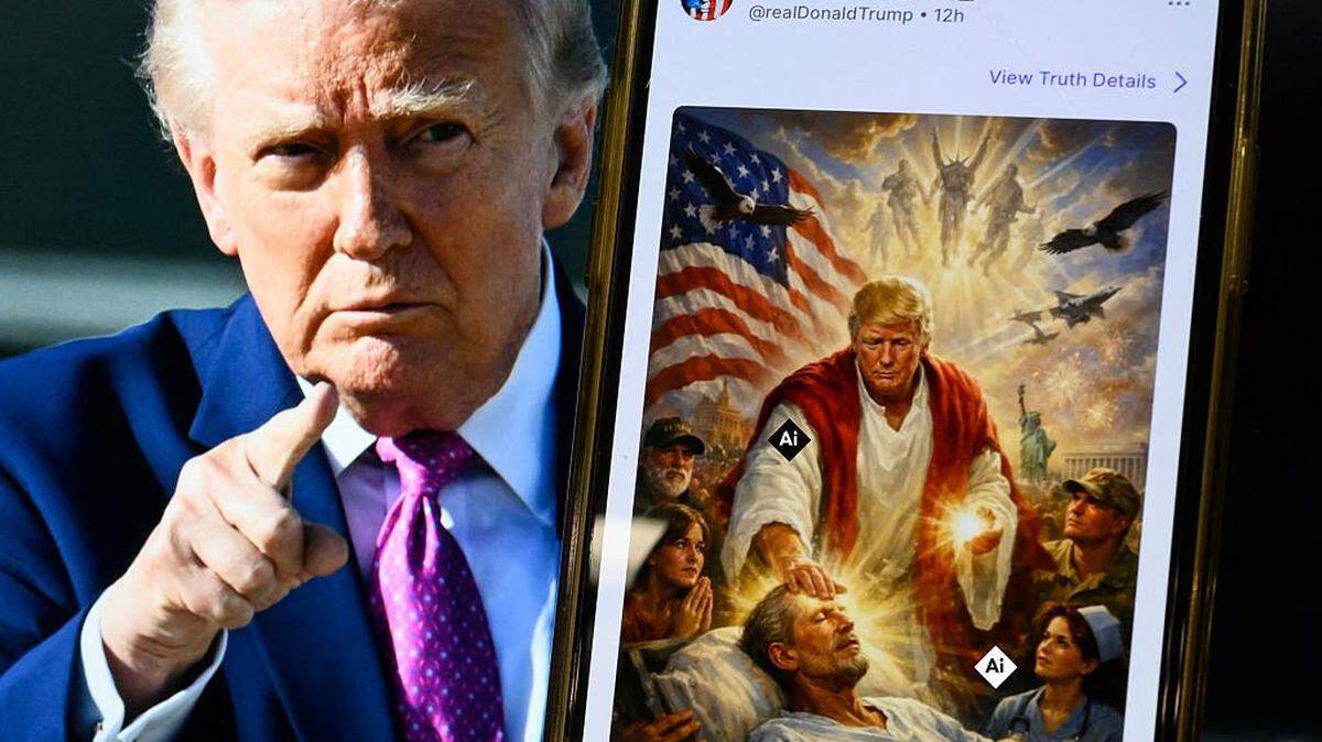 This photo illustration created on April 13, 2026, shows a picture of President Donald Trump on a screen and an AI-generated picture he posted on his Truth Social platform depicting himself as Jesus Christ 