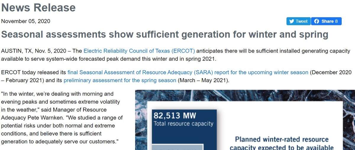 A November 2020 news release in which the Electric Reliability Council of Texas boasted that the system was ready for winter.