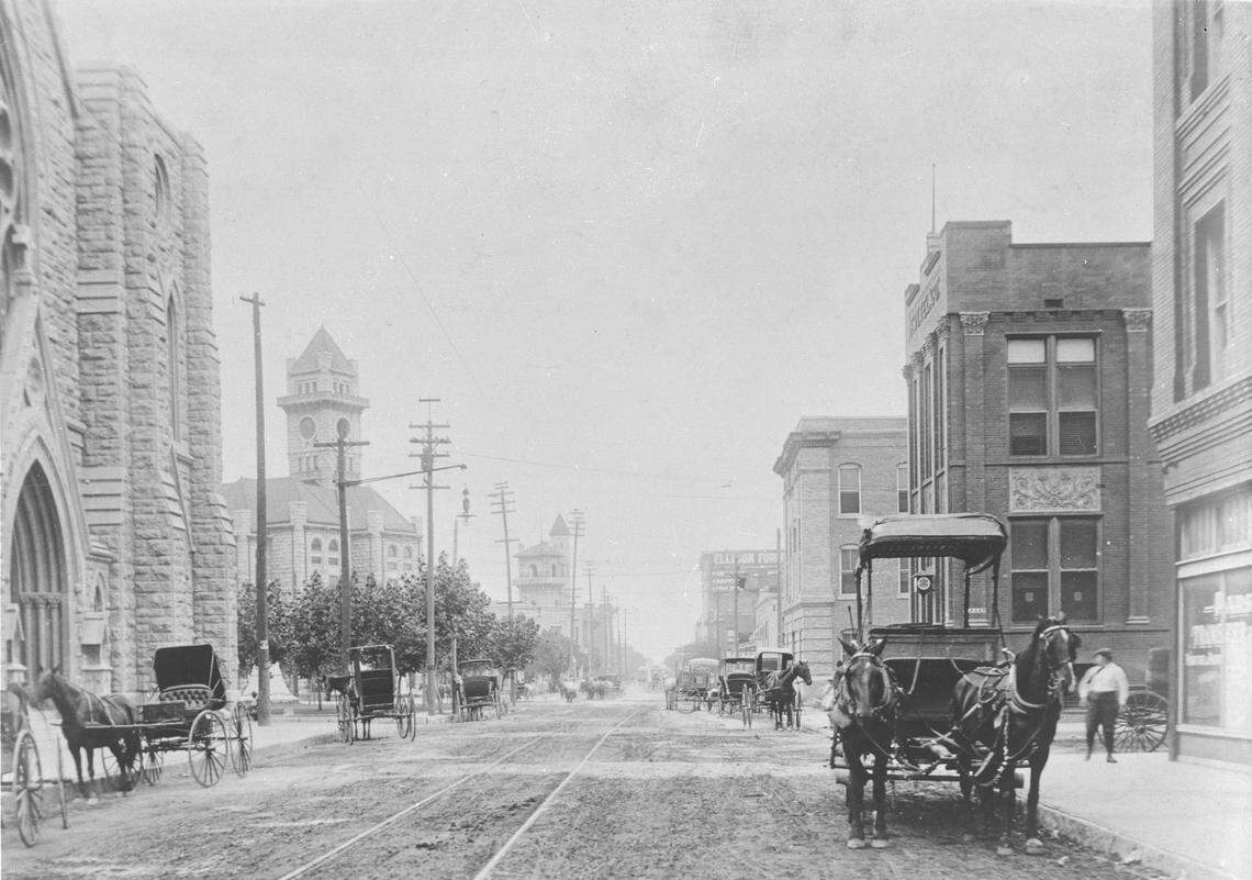 Downtown Fort Worth at Throckmorton and 11th Streets, by St. Patrick’s Cathedral, ca. 1899